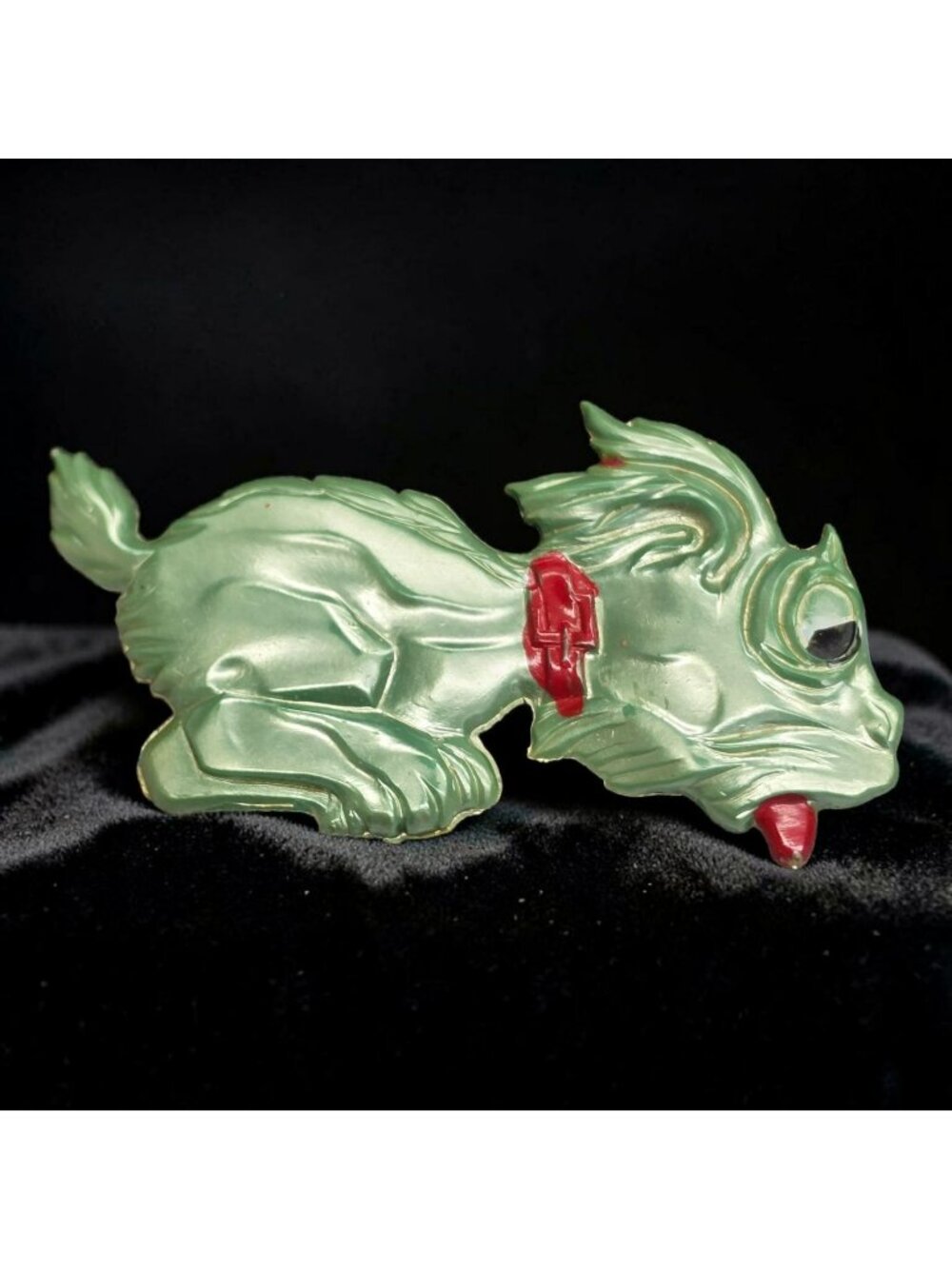 Vintage Green Celluloid Dog Brooch Red Collar & Tongue Accent Pinback